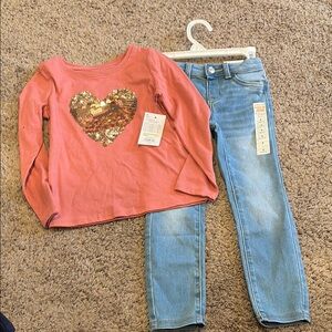 Kids Pink Heart Sequin Top and Blue Jeans Set